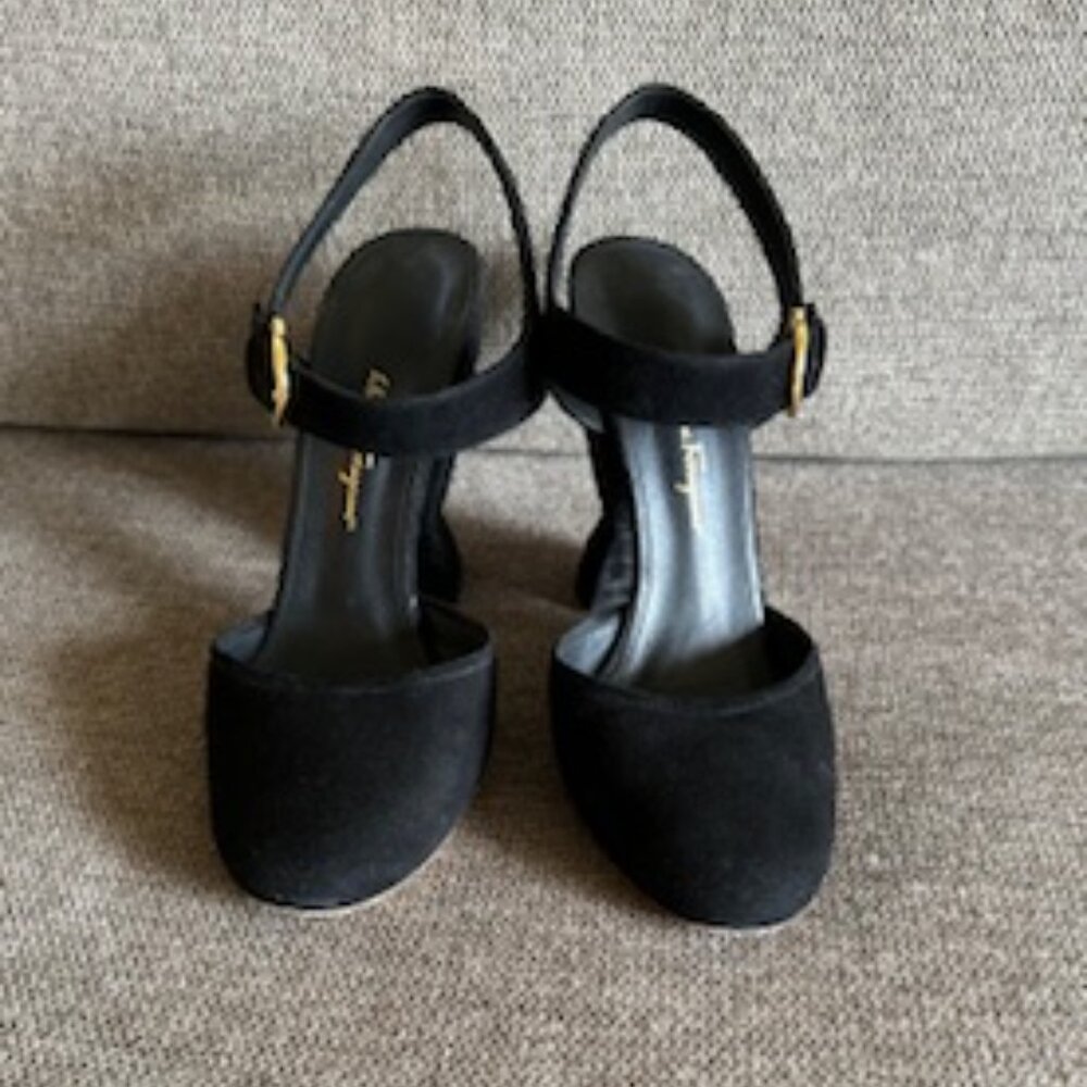 Ferragamo Black Suede Curved Heel Excellent Condition
